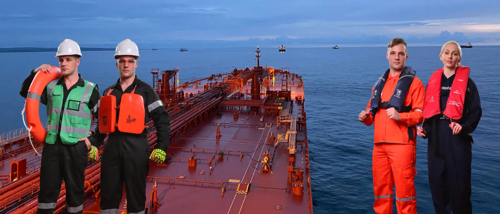 Models in coveralls and life jackets, one holding a lifebuoy, composited onto a tanker deck at sea