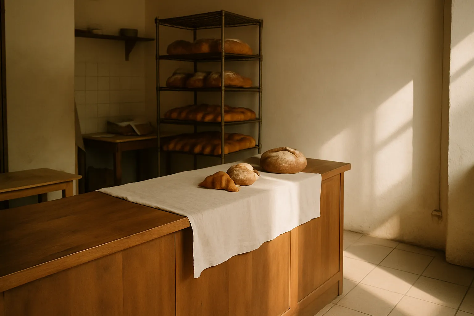 A small bakery counter in morning light, cooling racks of bread behind it