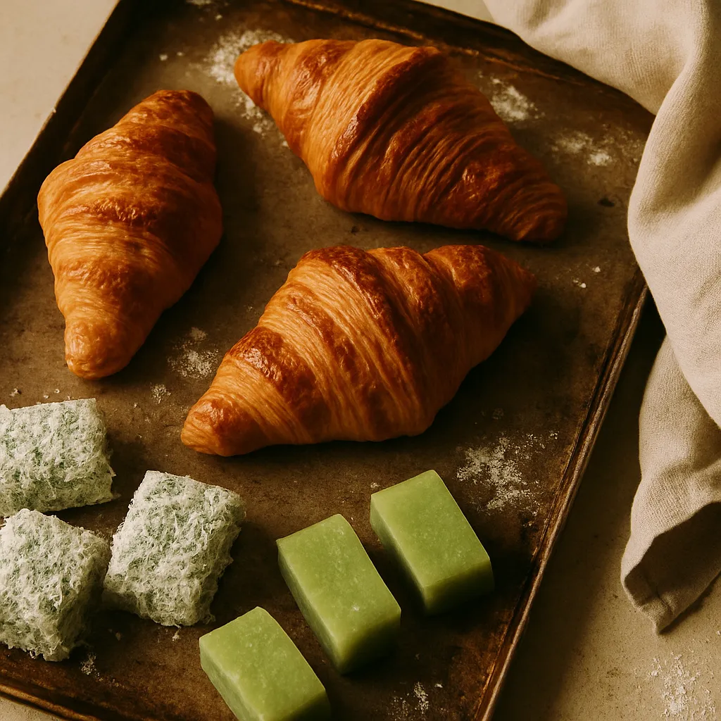Croissants and kuih on a worn baking tray